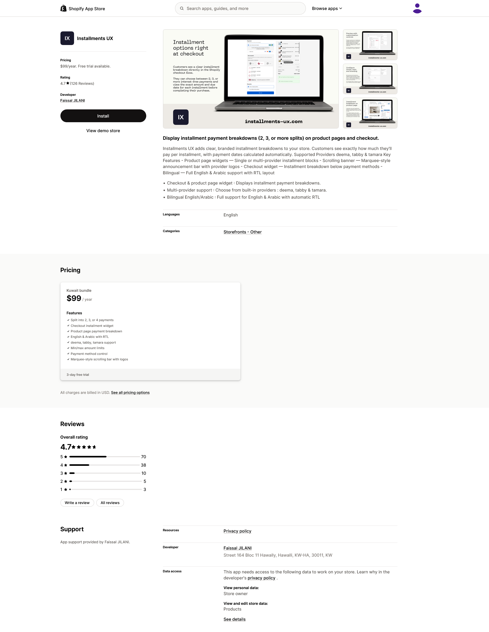 Installments UX — Shopify App Store listing