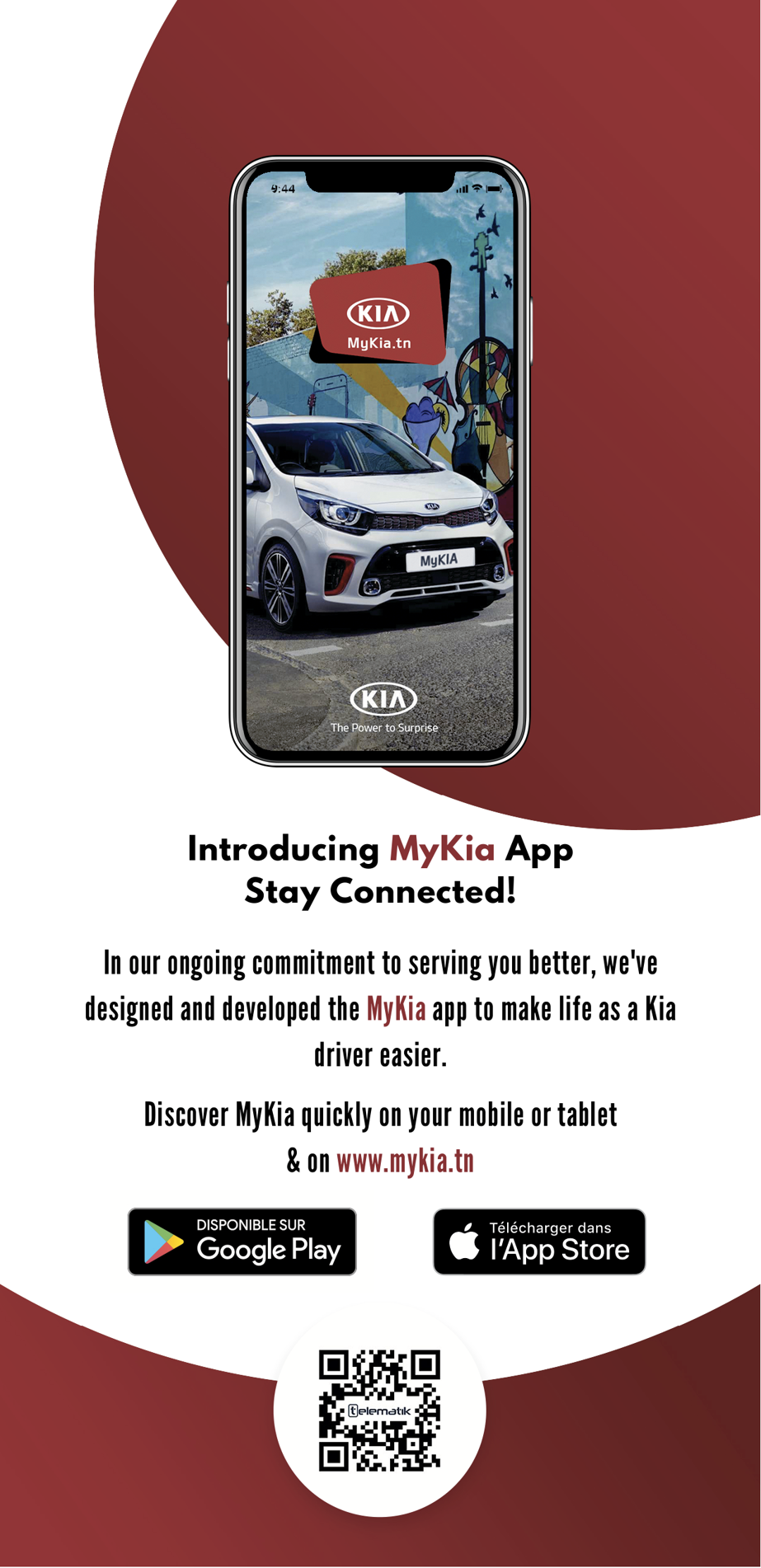 MyKia — App launch poster with QR code and store links