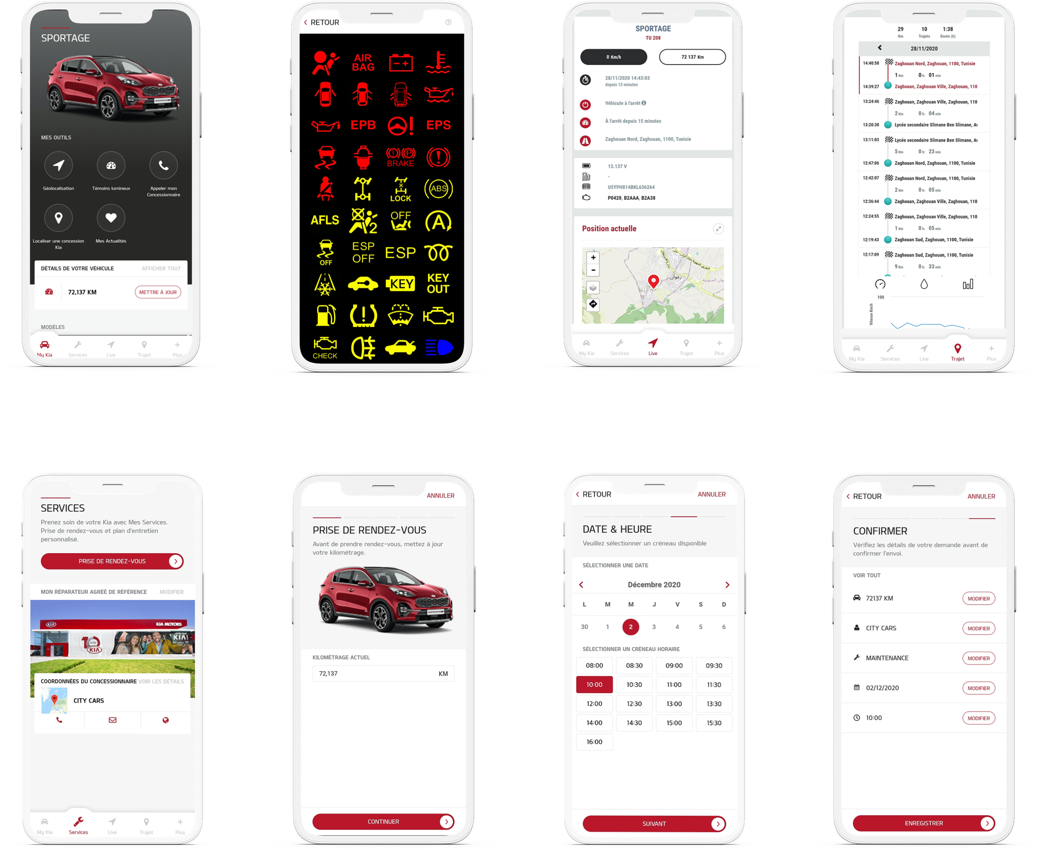 MyKia — 8 app screens: home, indicators, live tracking, trips, services, booking, date picker, confirmation